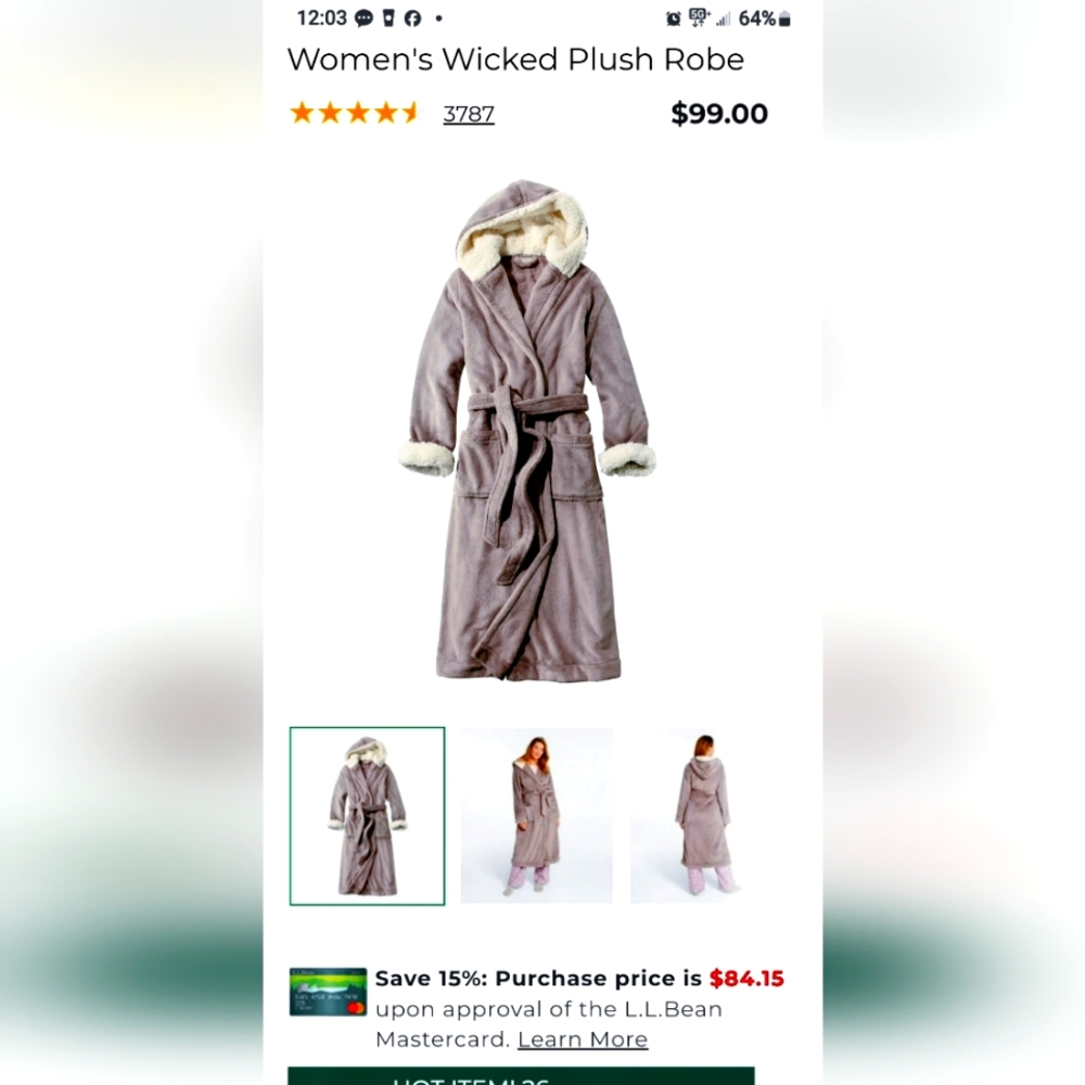 LLBean Wo.ens Wicked Plush Ling Robe with Hood like new